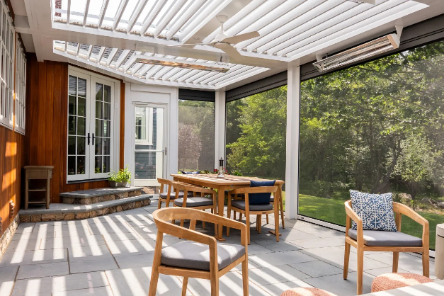 StruXure white outdoor attached pergola distinctive-pergolas-custom-designs-national-millwork